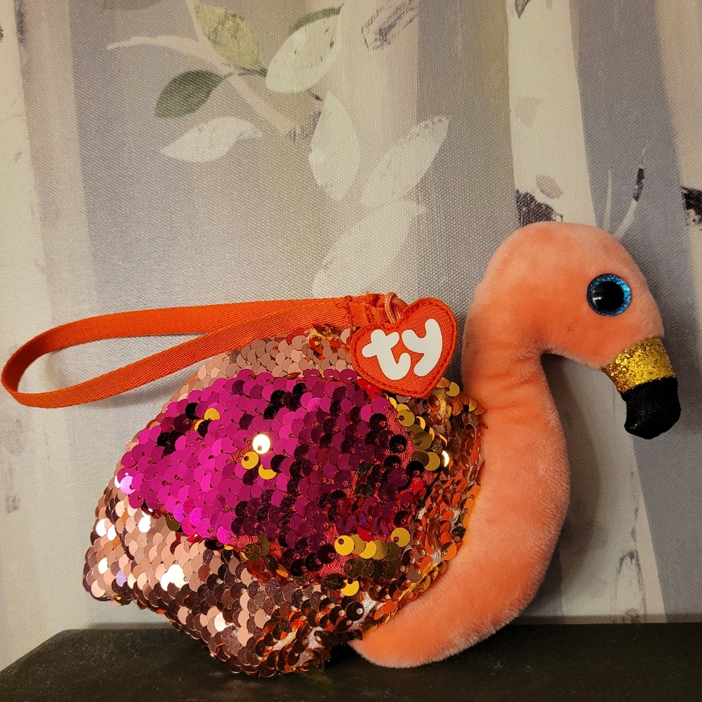 TY Fashion "Gilda" Flamingo Sequin Plush Wristlet Clutch